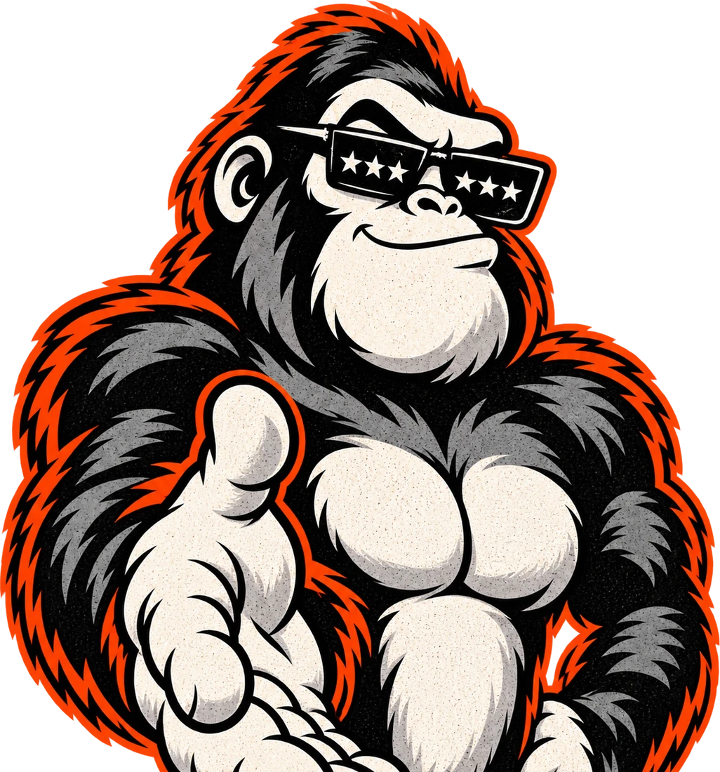 The Amplify Ape mascot reaching out for a handshake