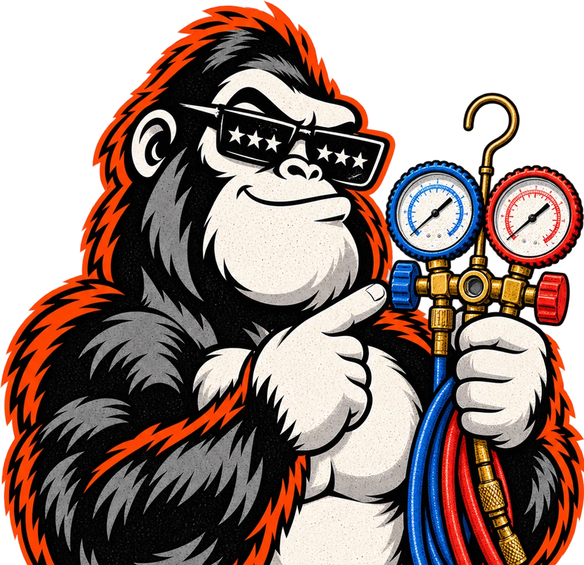 The Amplify Ape HVAC mascot holding a manifold gauge set