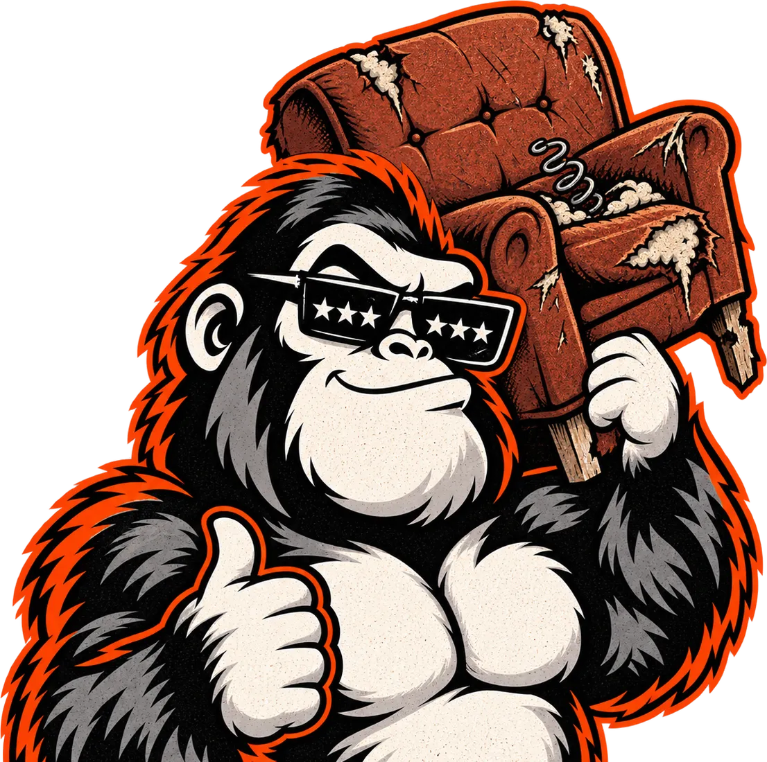 The Amplify Ape mascot hoisting a beat-up old armchair on his shoulder and giving a thumbs-up