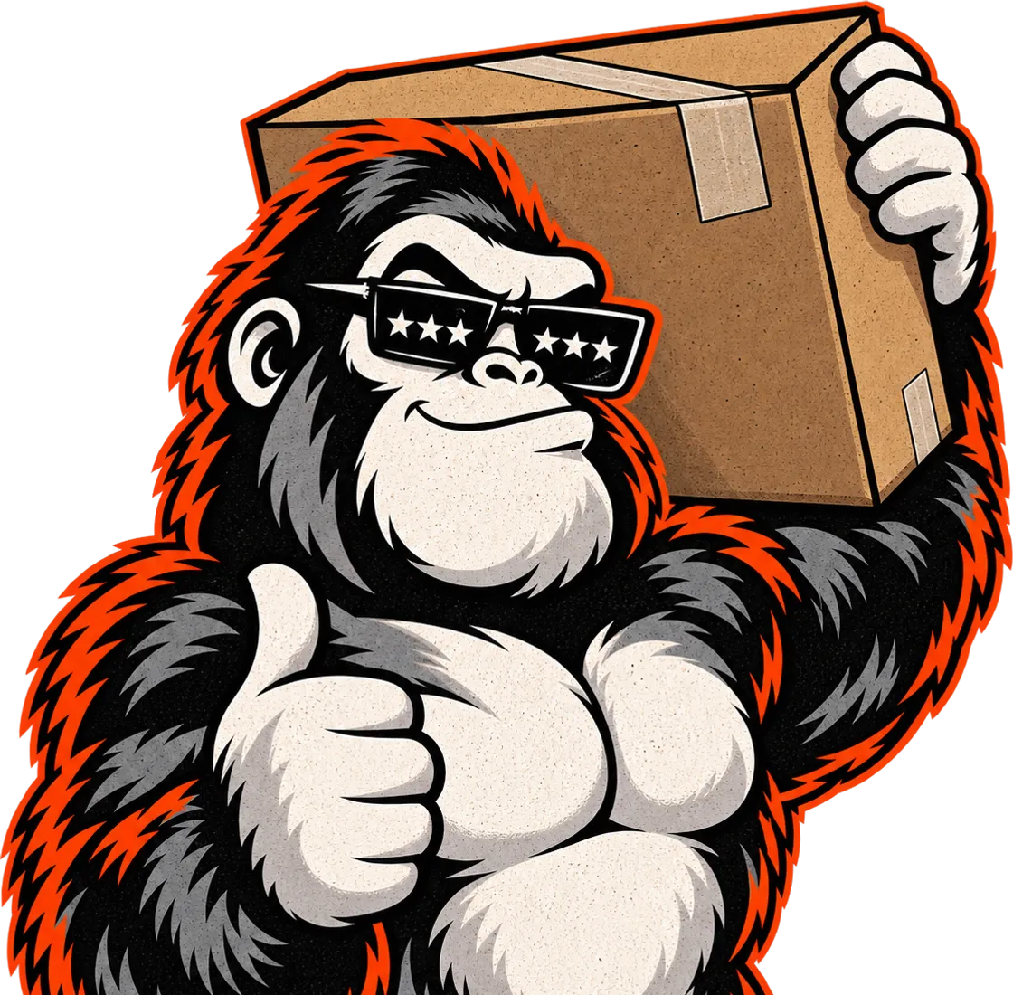The Amplify Ape mascot carrying a taped moving box on his shoulder and giving a thumbs-up