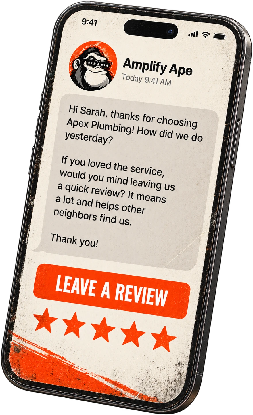 A phone showing a friendly review request text with a Leave a Review button
